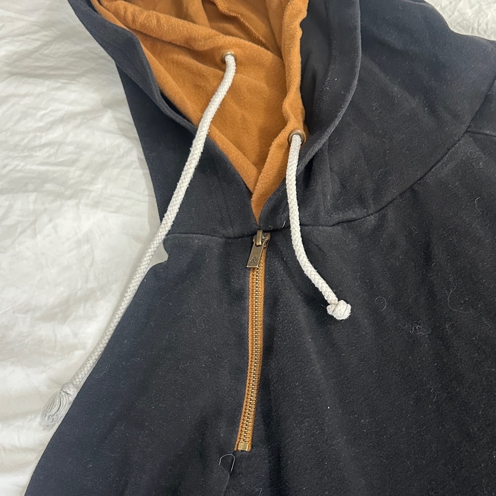 AMPERSAND AVE Black Hoodie with Brown Striped Elbow Patches and Lined Hood - Picture 3 of 5